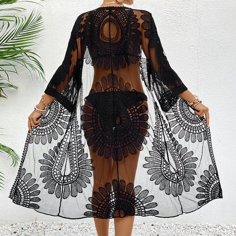 Damen transparente Häkel-Strandüberwurfjacke mit eleganten Motiven R&B