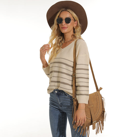 Damen lässiger Pullover mit modernem Streifenmuster und V-Ausschnitt R&B