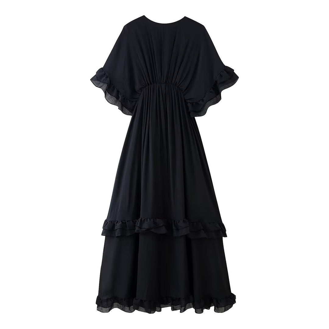 Damen Maxikleid mit voluminösen Rüschendetails und elegantem V-Ausschnitt R&B