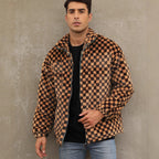 Herren Plüschjacke mit Karo-Muster und hohem Kragen R&B