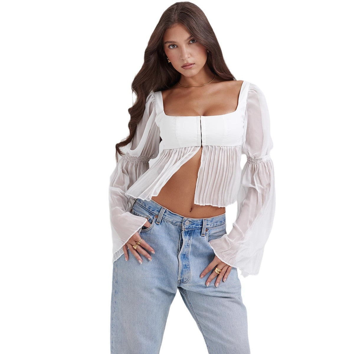 Damen Cropped Bluse mit Puffärmeln R&B