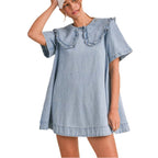 Damen Denim Kleid mit verspieltem Rüschenkragen R&B