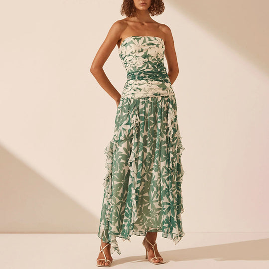 Damen schulterfreies Maxikleid mit Rüschendetails und floralem Muster R&B