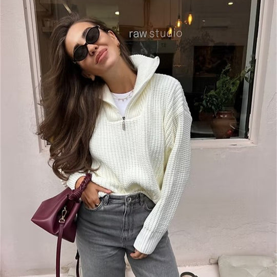 Damen Grober Strickpullover mit hohem Kragen und Reißverschluss R&B