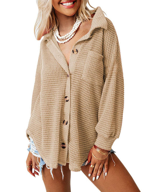 Damen lässige Waffelstruktur-Hemdjacke mit Knopfleiste R&B