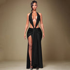 Damen Cut-Out Maxikleid mit tiefem V-Ausschnitt und drapiertem Design R&B