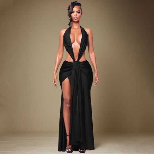 Damen Cut-Out Maxikleid mit tiefem V-Ausschnitt und drapiertem Design R&B