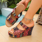 Damen Wedge-Sandalen mit modischem Riemendesign und buntem Mustermix R&B