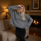 Damen cropped Strickpullover mit voluminösen Ärmeln und Rundhalsausschnitt R&B