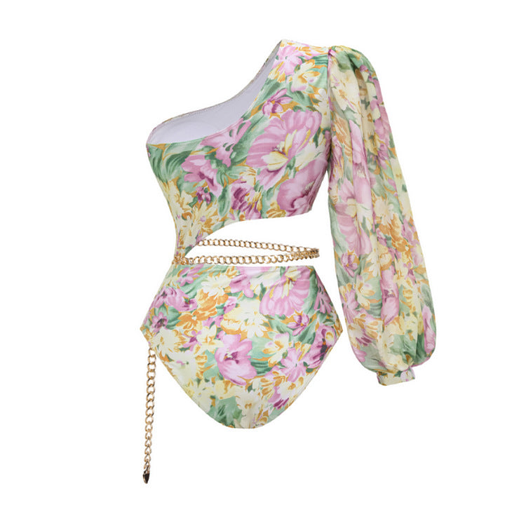 Damen Einseitiger Badeanzug mit floralen Mustern und glamouröse Kette R&B