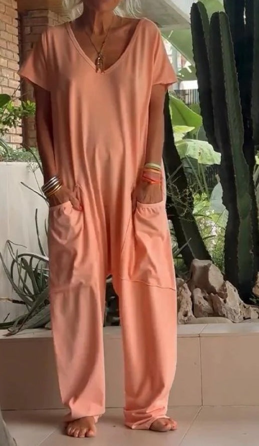 Damen nan weite Komfort-Einteiler mit V-Ausschnitt, tiefem Schritt und Eingrifftaschen R&B