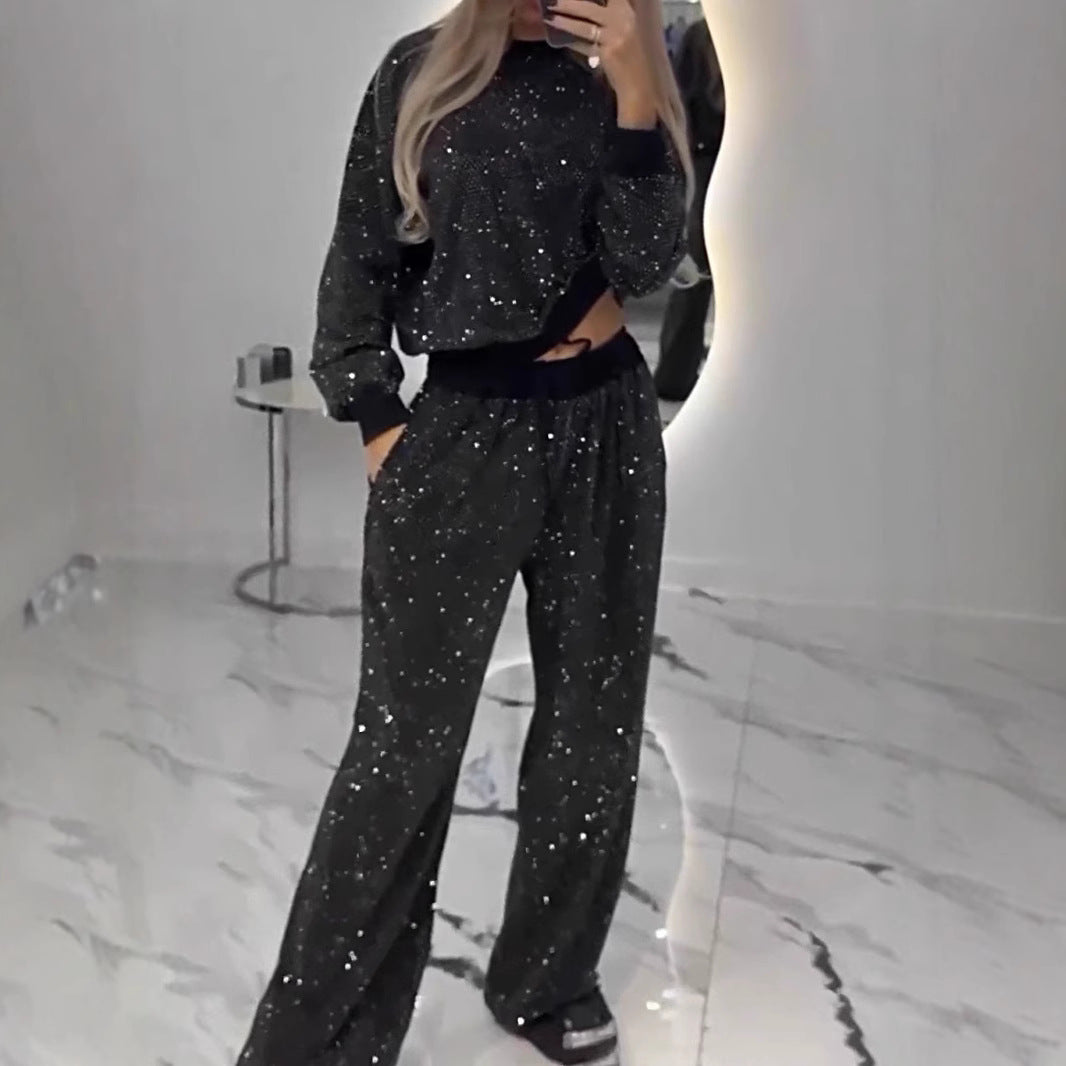 Damen Glitzerndes Freizeitset mit Cropped Sweater und bequemer Hose R&B
