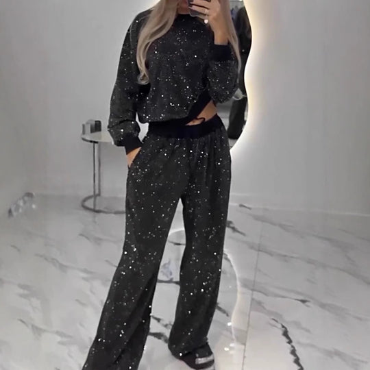 Damen Glitzerndes Freizeitset mit Cropped Sweater und bequemer Hose R&B