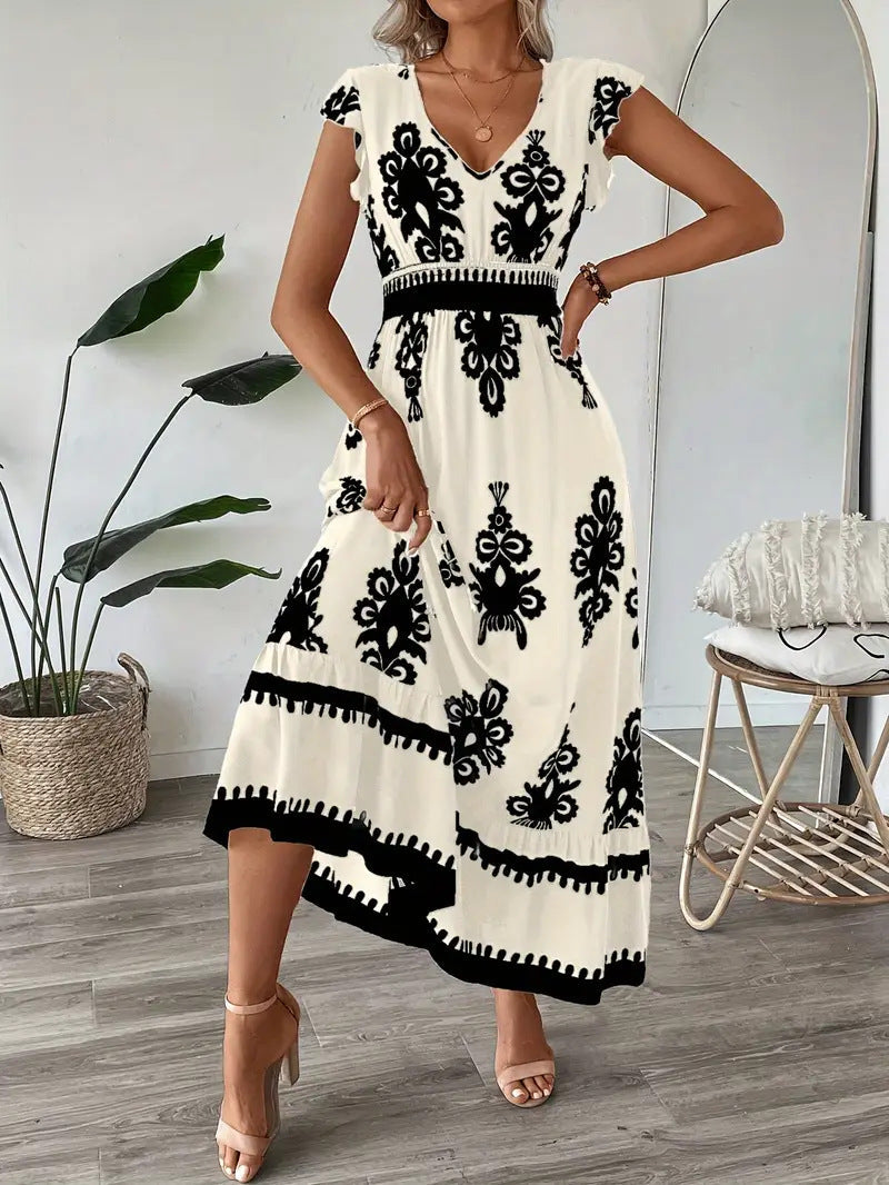 Damen Maxikleid mit floralem Muster und V-Ausschnitt R&B