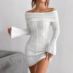Damen Off-Shoulder Strickkleid mit Zopfmuster und voluminösen Ärmeln