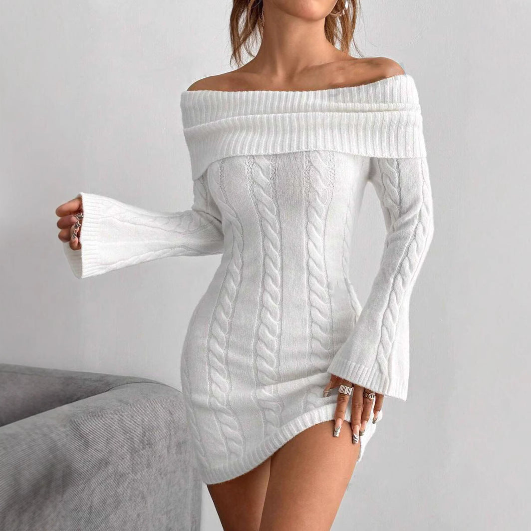 Damen Off-Shoulder Strickkleid mit Zopfmuster und voluminösen Ärmeln
