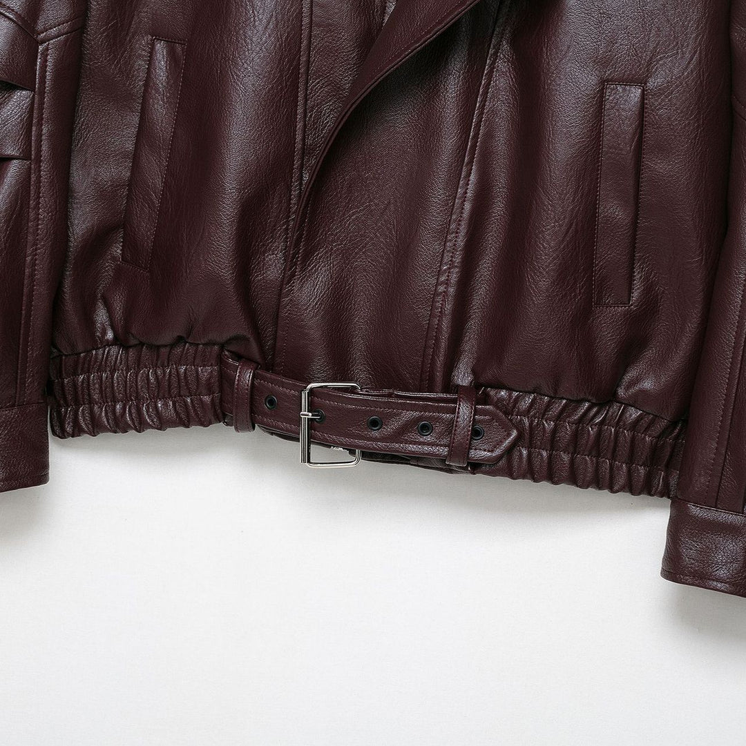 Damen modische Kunstlederjacke mit elegantem Schnitt und verstellbarem Taillengürtel R&B