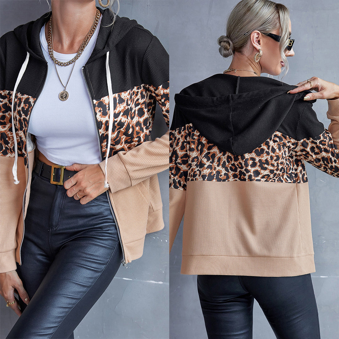 Damen modische Kapuzenjacke mit Tierdruck und kontrastierenden Ärmeln R&B