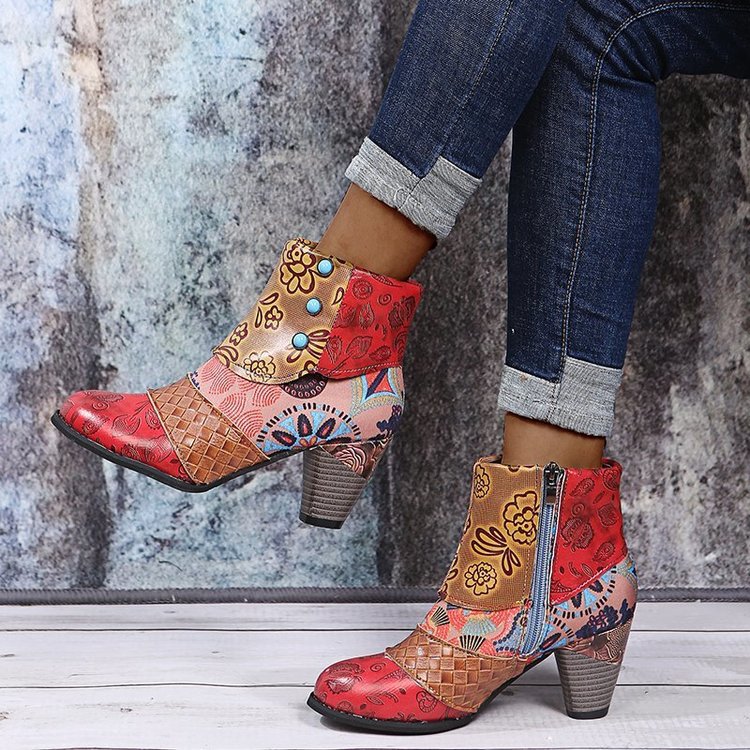 Damen Elegante Stiefeletten mit floralen Mustern und dekorativen Knöpfen R&B