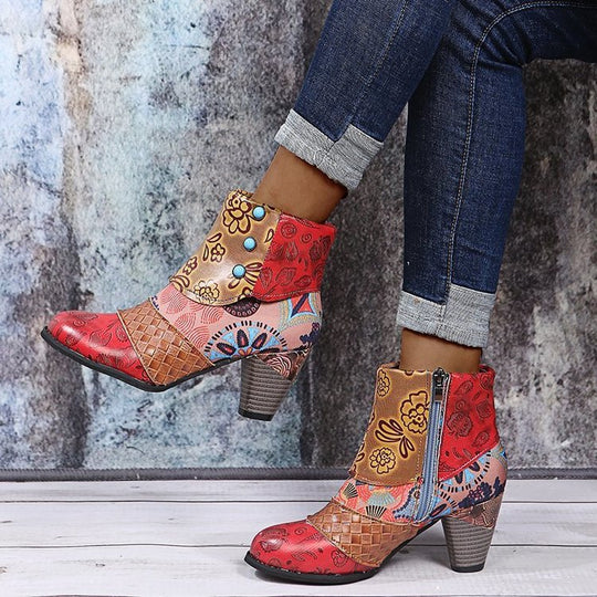 Damen Elegante Stiefeletten mit floralen Mustern und dekorativen Knöpfen R&B