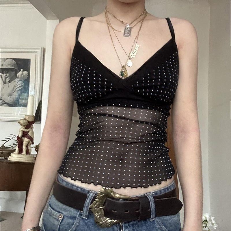 Damen Verspieltes Spaghetti-Trägertop mit transparenten Akzenten und Punkten R&B