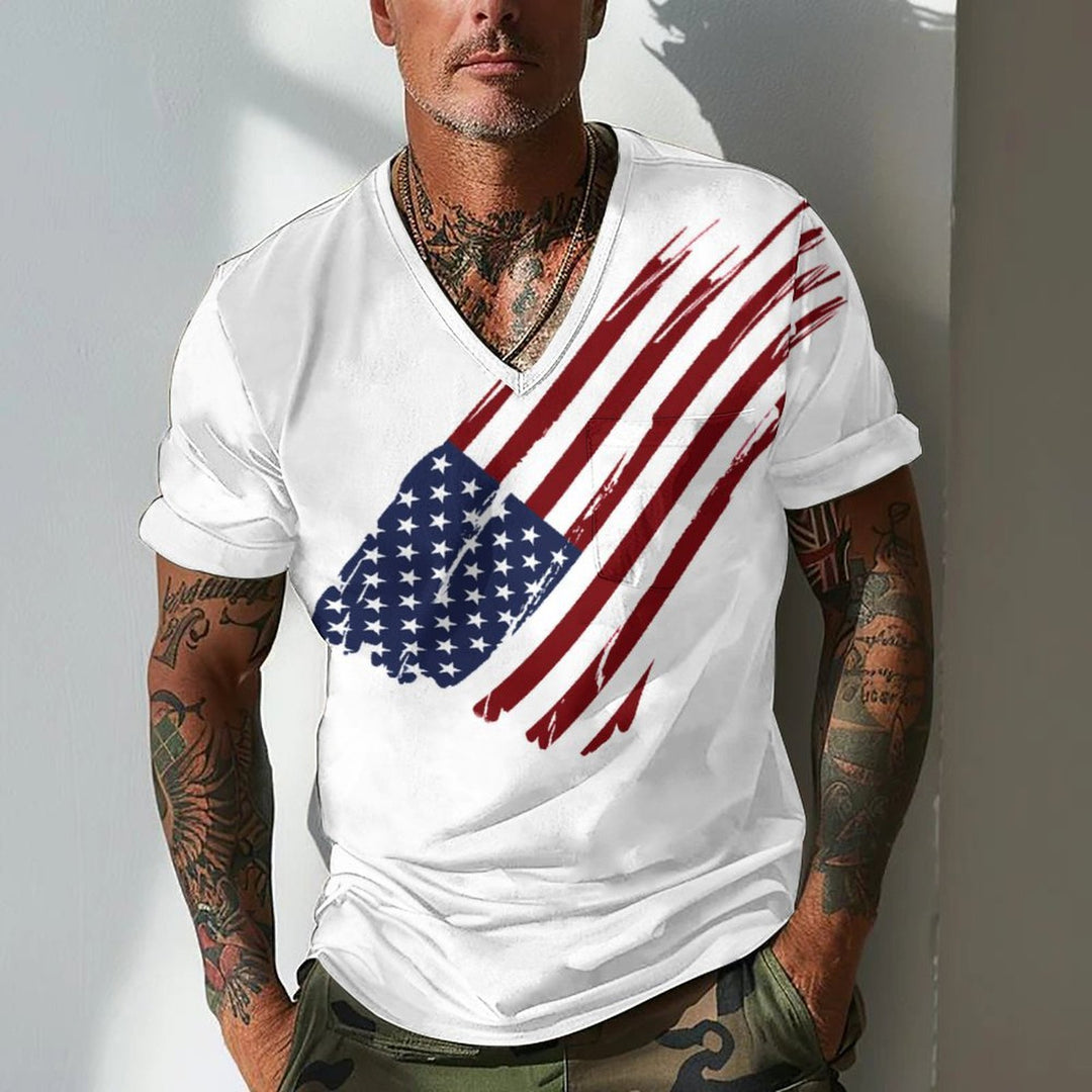 Herren V-Ausschnitt T-Shirt mit kreativem Flaggenmotiv R&B