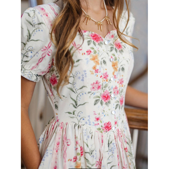Damen Maxikleid mit floralem Design und langen Puffärmeln R&B