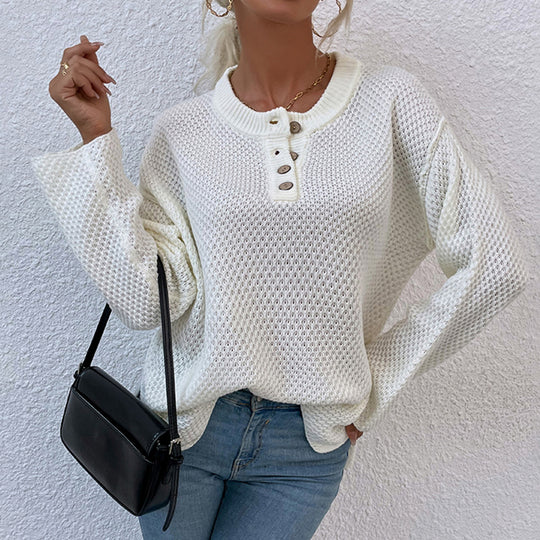 Damen gemütlicher Strickpullover mit Knopfleiste und breiten Ärmeln R&B