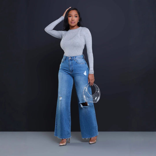Damen Weit geschnittene Jeans mit stylishen Distressed-Details R&B
