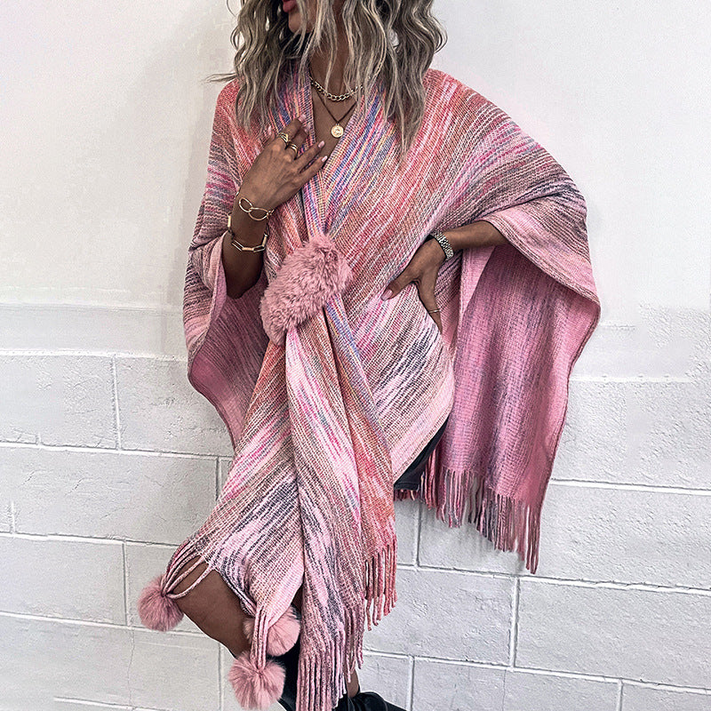 Damen modischer Poncho mit luxuriösem Kunstfellbesatz und kreativen Fransen R&B