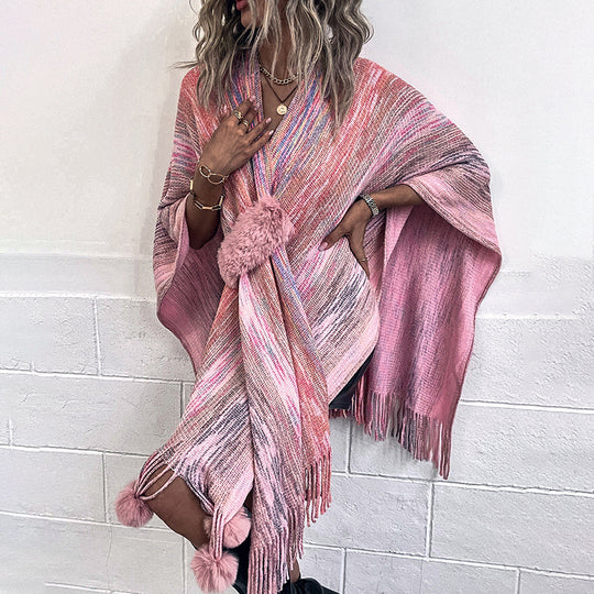 Damen modischer Poncho mit luxuriösem Kunstfellbesatz und kreativen Fransen R&B