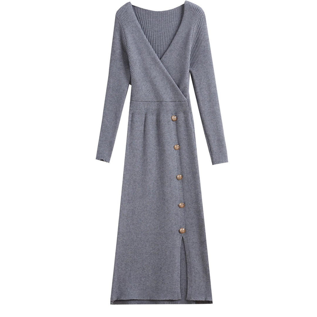 Damen Strickkleid mit Wickeloptik und Knopfdetails R&B