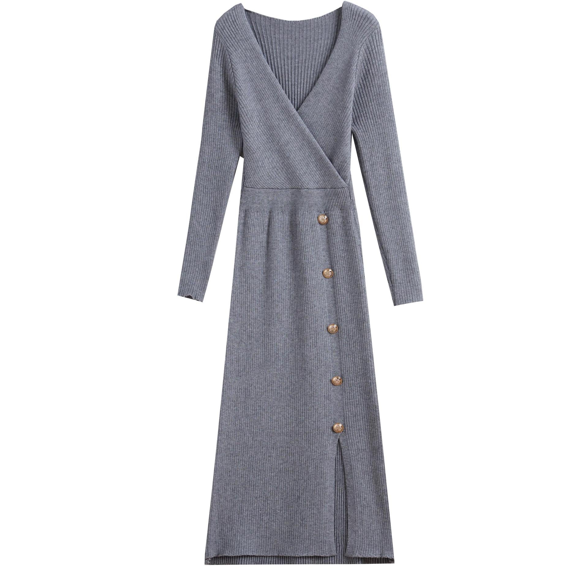 Damen Strickkleid mit Wickeloptik und Knopfdetails