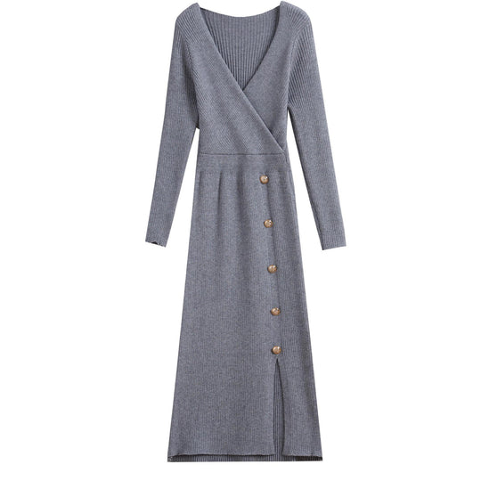 Damen Strickkleid mit Wickeloptik und Knopfdetails R&B