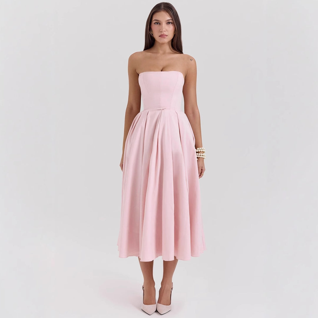 Damen Taillesenkende Midi-Kleid mit schulterfreiem Design und eleganter Faltenstruktur R&B