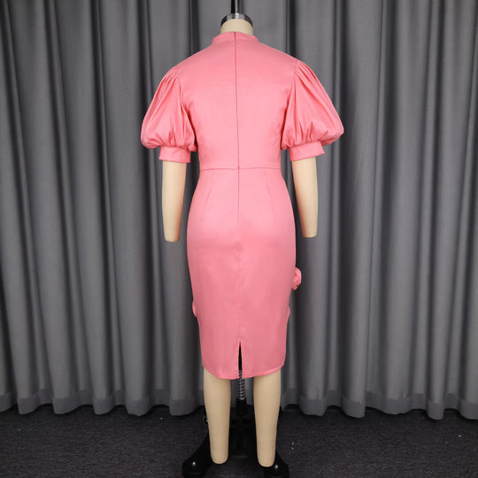 Damen elegantes Cocktailkleid mit Puffärmeln und Blumendetails R&B