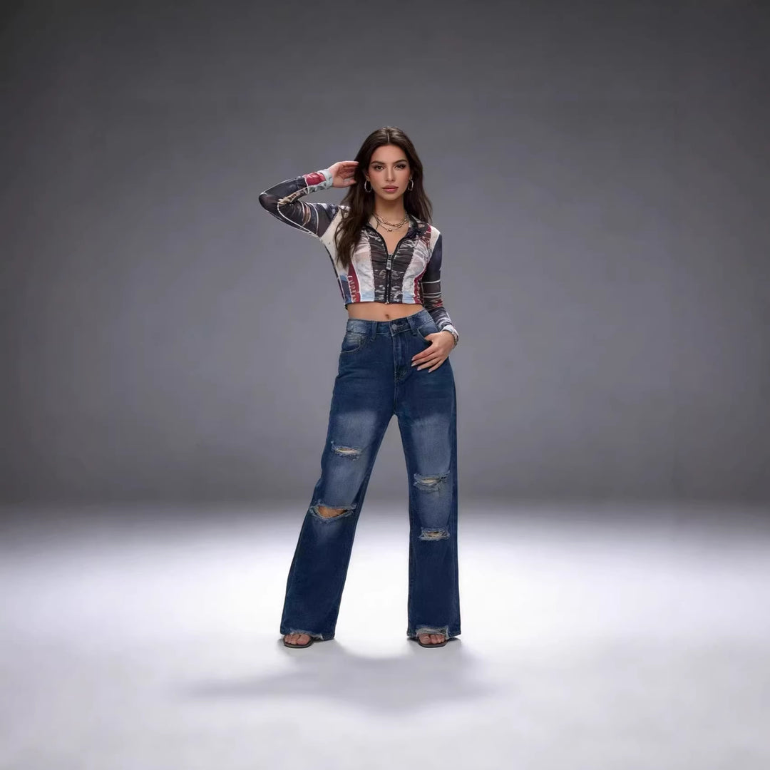 Damen Weite Ripped Jeans mit hohem Bund