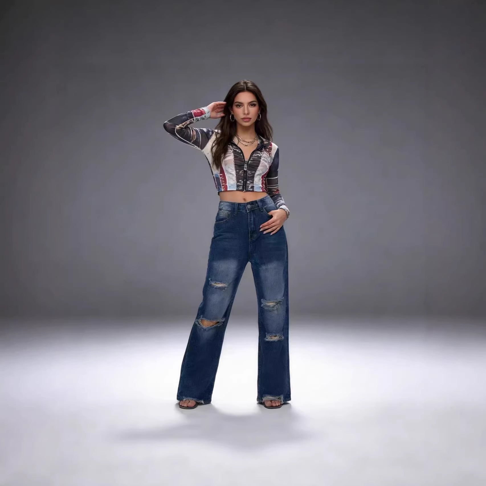 Damen Weite Ripped Jeans mit hohem Bund