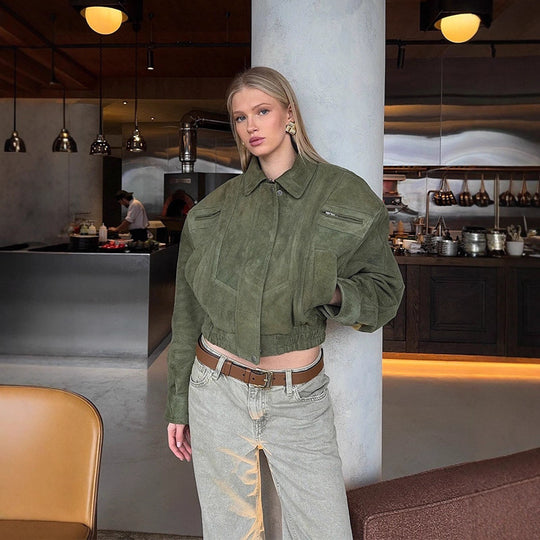 Damen modische Suede-Bomberjacke mit voluminösen Ärmeln R&B