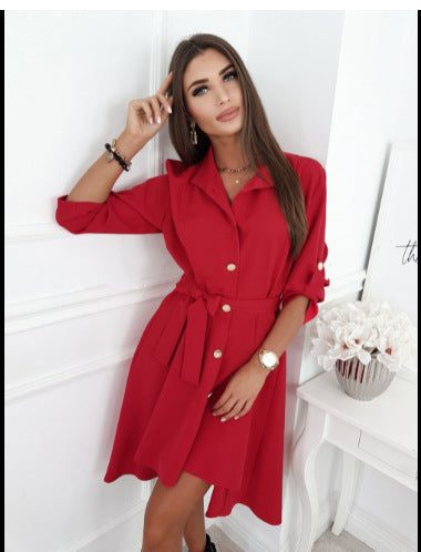 Damen Elegantes Hemdblusenkleid mit Taillengürtel und Knopfdetails R&B