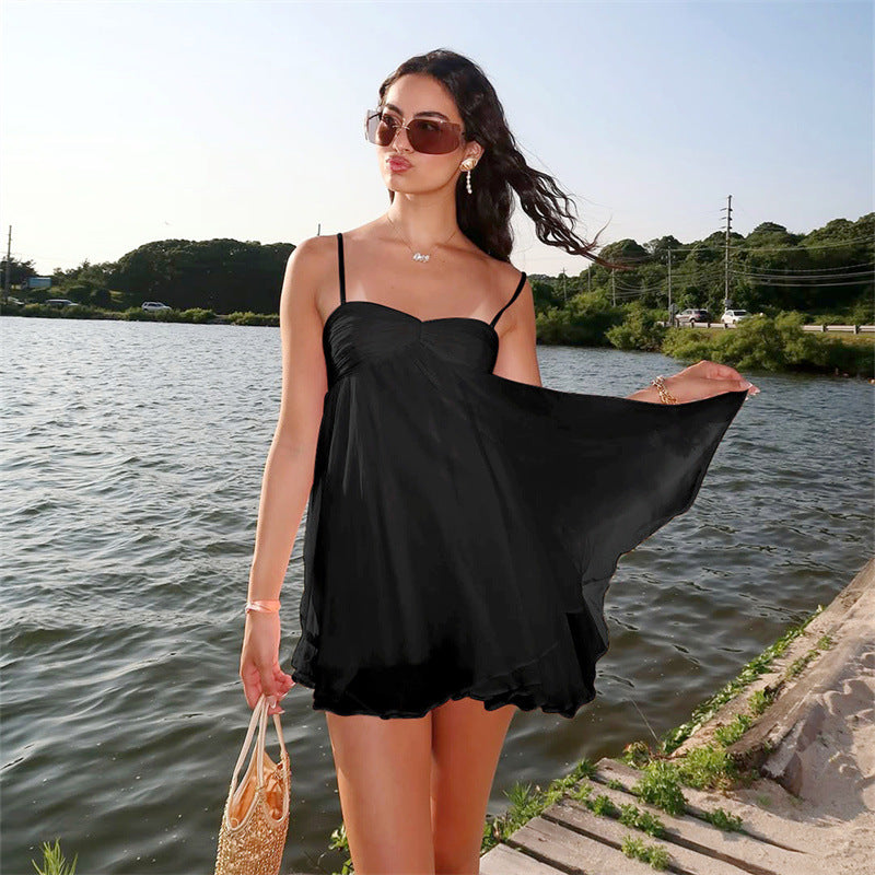 Damen Sommerliches Minikleid mit zarten Spaghettiträgern und schwingendem Rock R&B