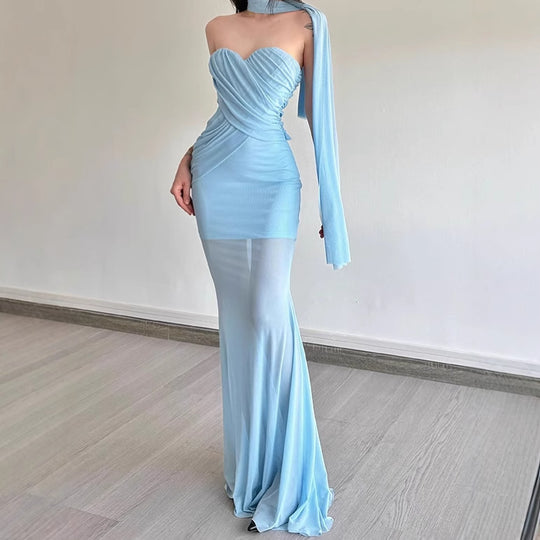 Damen Elegant geschnittenes Maxikleid mit asymmetrischem Ausschnitt und figurformendem Design R&B
