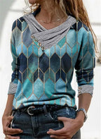 Damen modisches Langarmshirt mit V-Ausschnitt und dekorativen Knopfdetails R&B