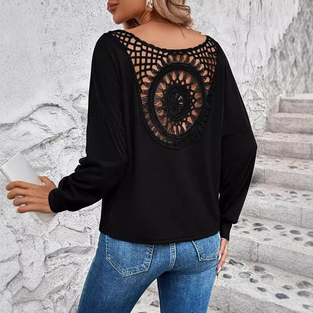 Damen Langarm T-Shirt mit dekorativem Häkelrücken R&B