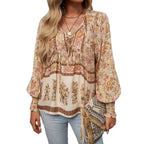 Damen Boho-Bluse mit Schleifenverzierung und floralen Mustern R&B