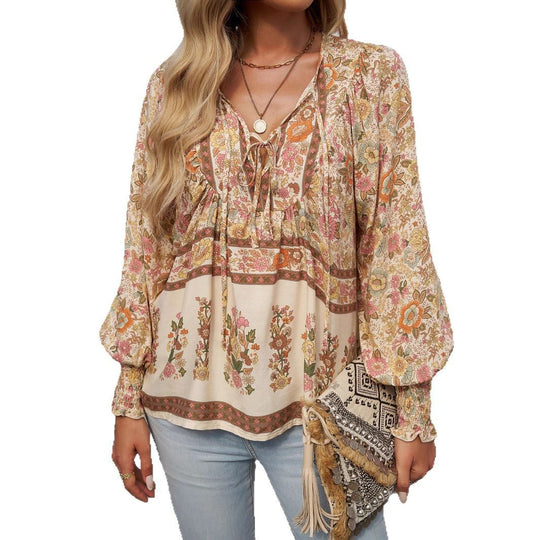 Damen Boho-Bluse mit Schleifenverzierung und floralen Mustern R&B