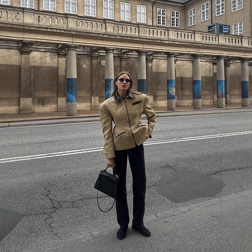 Damen lässige Übergangsjacke mit kontrastierendem Kragen und praktischen Taschen R&B