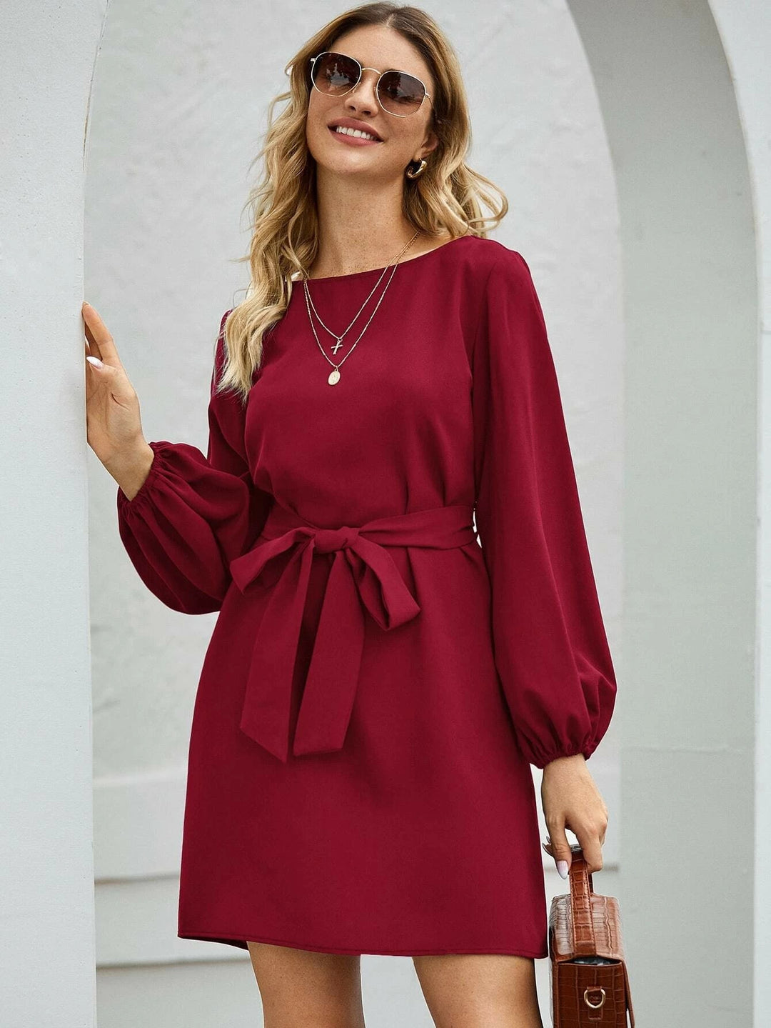 Damen Elegantes Kleid mit Ballonärmeln und Taillengürtel R&B