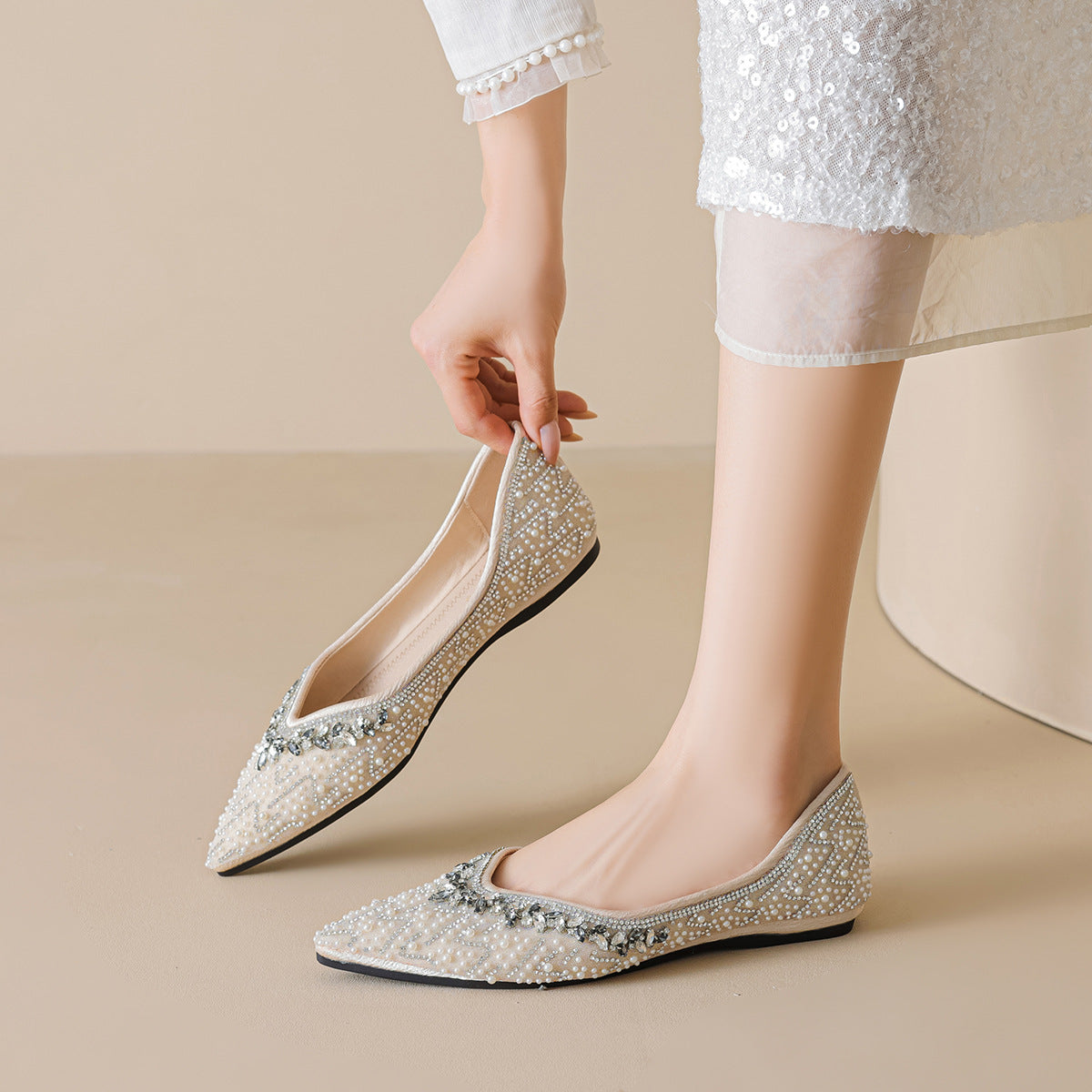 Damen Ballerinas mit funkelnder Strass- und Perlenverzierung