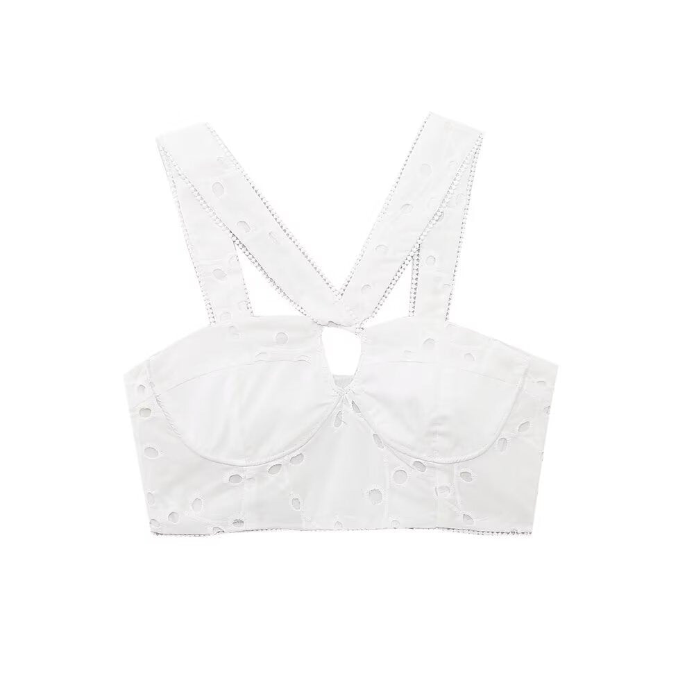 Damen Brokat-Crop-Top mit elegantem Ausschnitt und verzierten Trägern R&B